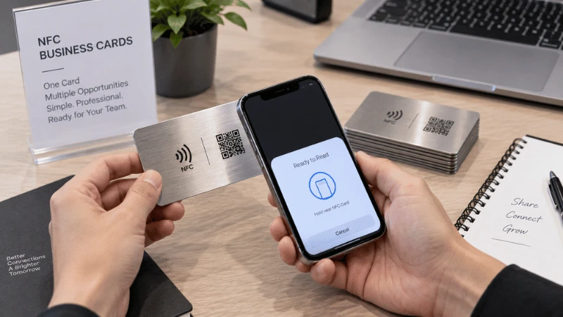 Generic NFC metal business card being tapped with a smartphone with a QR code fallback. Generic NFC metal business card being tapped with a smartphone with a QR code fallback.