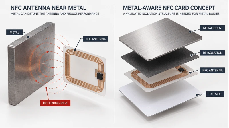 Engineering comparison of an NFC antenna directly on metal and a metal-aware NFC card structure with RF isolation. Engineering comparison of an NFC antenna directly on metal and a metal-aware NFC card structure with RF isolation.