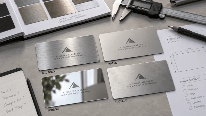 Brushed, matte, mirror and natural stainless steel business card samples compared on a procurement desk. Brushed, matte, mirror and natural stainless steel business card samples compared on a procurement desk.