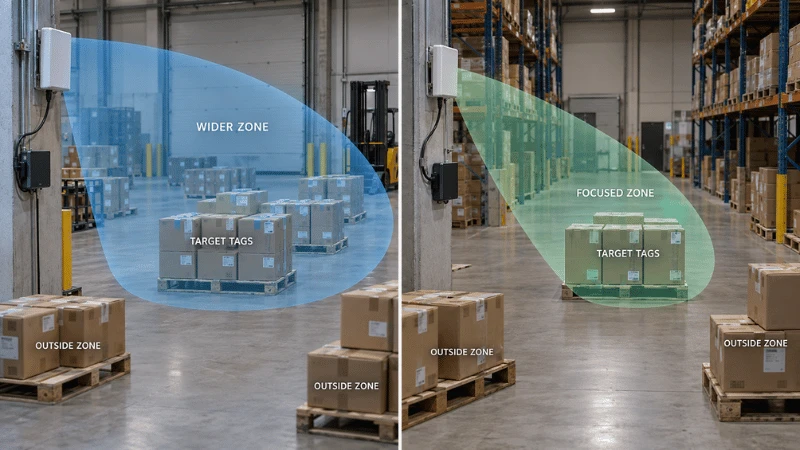Comparison of wider and focused UHF RFID antenna read zones around tagged cartons. Comparison of wider and focused UHF RFID antenna read zones around tagged cartons.