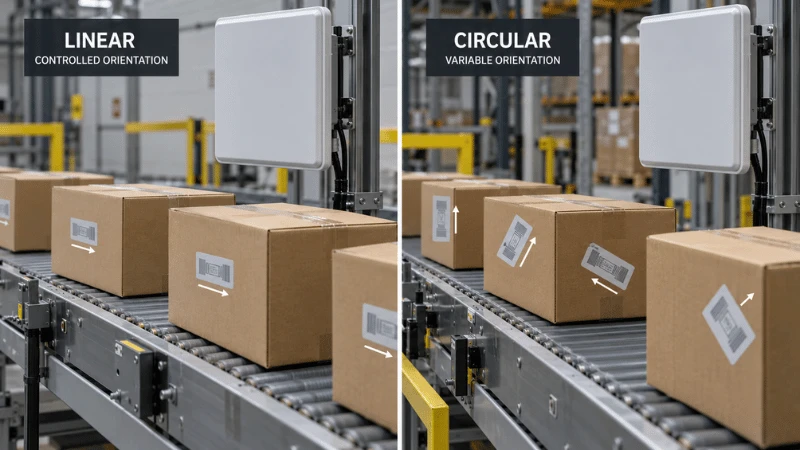 Linear and circular UHF RFID reader antenna polarization compared for controlled and variable tag orientations. Linear and circular UHF RFID reader antenna polarization compared for controlled and variable tag orientations.