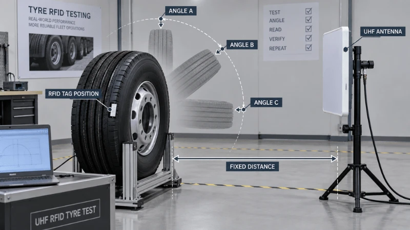 UHF RFID tire angular read test with a fixed antenna and multiple tire orientations around the tagged position. UHF RFID tire angular read test with a fixed antenna and multiple tire orientations around the tagged position.
