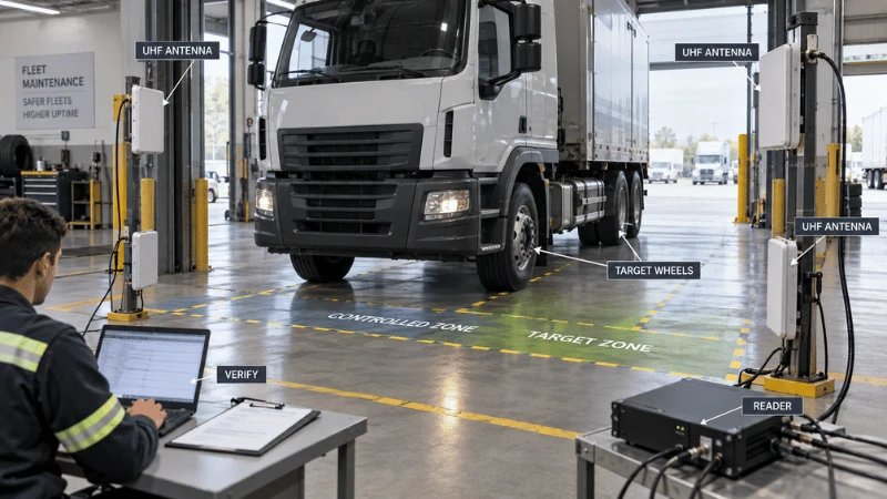 Commercial truck pilot testing UHF RFID tire read zones across mounted wheel positions with target and controlled read areas. Commercial truck pilot testing UHF RFID tire read zones across mounted wheel positions with target and controlled read areas.